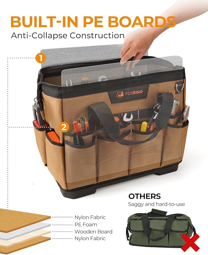 Foxrino Heavy Duty Tool Bag 16-Inch, 42-Pocket Portable Empty Tool Box Organizer Storage, Anti-Collapse Toolbox Organization, 1200D Oxford Soft Handle Carrying Toolbag, Gifts for Men Father Dad - Image 2