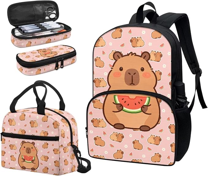 Capybara Watermelon 3Pcs Cute Backpacks Sets for Girls, Kids Backpack School Bookbags with Insulated Lunch Box Pencil Case for School Elementary Girl - Image 6