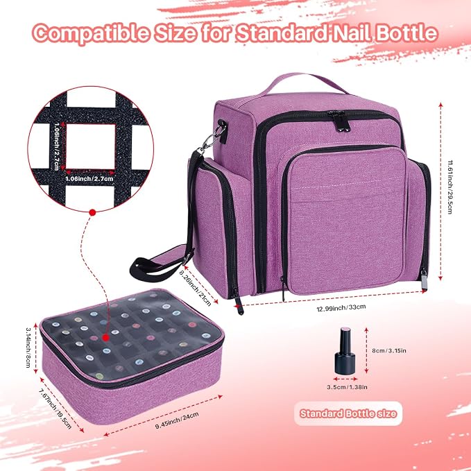 Nail Polish Organizer Case Hold 90 Bottle with 3 Detachable Bag,Purple | Portable Travel Storage Box Designed for Women's Nail Tools, Essential Oils and Cosmetics Sets - Image 3