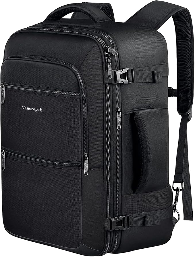 Vancropak Carry on Backpack for Airplanes, 45L Expandable Travel Backpack | Flight-approved Luggage Suitcase Daypack, Water-resistant, Lightweight Business Overnight Weekender Bag for Men Women, Black by Vancropak