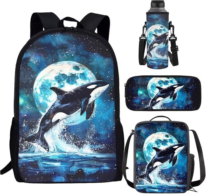 Killer Whale Girls Backpacks Ages 10-12/8-10/6-8 with Lunch Box Galaxy Moon Kids Middle School Bookbag Lunch Bag Pencil Case Book Bag Lunchbox Schoolbag Water Bottle Holder Set Back Pack by SCRAWLGODDreamWardrobe