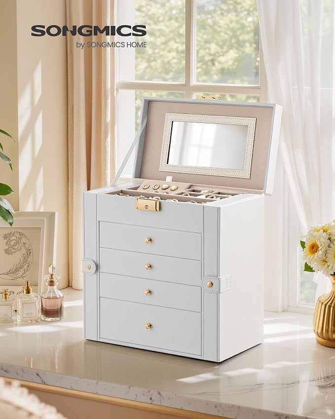 SONGMICS Jewelry Box Organizer, 5-Layer with 4 Drawers, Cream White | Jewelry Storage Case with Lock and Mirror, Large Storage Capacity, for Necklaces, Watches, Gift for Loved Ones UJBC153WD01S - Image 2