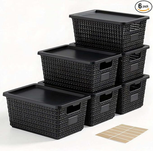 Storage Bins with Lids | Plastic Storage Baskets with Lids for Office Organization,Stackable Organizing Bins with Latching Design, Easy-Clean Boxes for Home, Office, Toys & Classroom Supplies, 6 packs by EasyCozyHomey