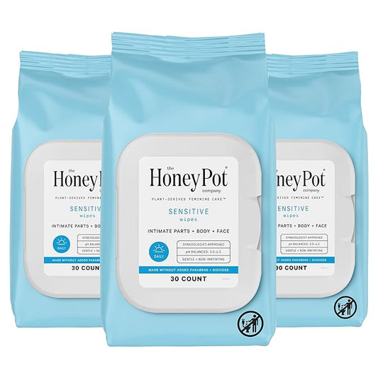 The Honey Pot Company - Feminine Wipes - Daily PH Balancing, Fragrance & Sulfate Free Wipes for Intimate Parts, Body, or Face - Hygiene Products - Sensitive 30 ct (Pack 3)