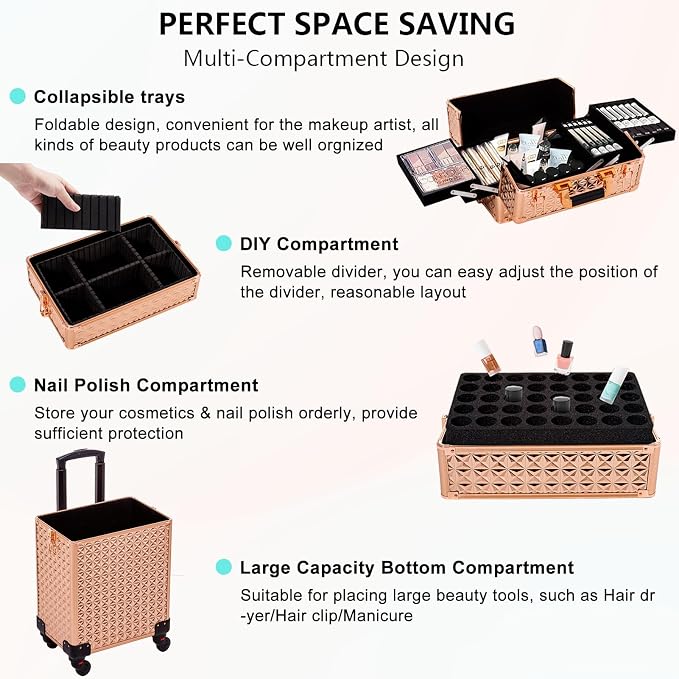 AROUS 5 in 1 Rolling Makeup Train Case with Lid Cosmetology Case on Wheels | Large Cosmetic Trolley Organizer with Keys Salon Barber Case Traveling Cart Trunk for Artist Hairstylists Nail Tech, Gold - Image 6