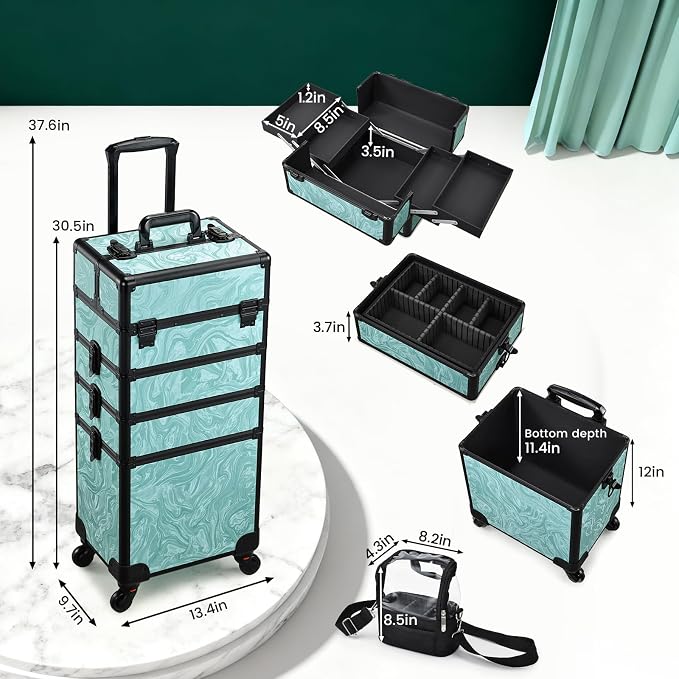 Stagiant Rolling Makeup Case 4 in 1 Cosmetology Case on Wheels Makeup Travel Case with Cosmetic Bag Key Swivel Wheels Salon Barber Case Traveling Cart Trunk Cosmetic Trolley Alpine Blue - Image 5