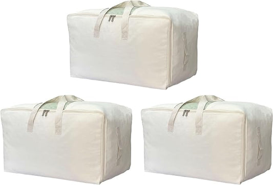DoYiKe Soft Canvas Clothes Storage Bags with Four Carrying Handles and Clear Window, Closet Organizer for Clothing, Blankets Sheets and Bedding, 55L, 3 Pack, Beige by DoYiKe