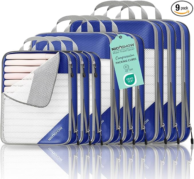 9 Set Compression Packing Cubes for Travel - Compressible, Lightweight, and Space-Saving Packing Cubes, Travel Essentials for Women, Royal Blue by NICOSHOW