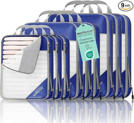 9 Set Compression Packing Cubes for Travel - Compressible, Lightweight, and Space-Saving Packing Cubes, Travel Essentials for Women, Royal Blue by NICOSHOW