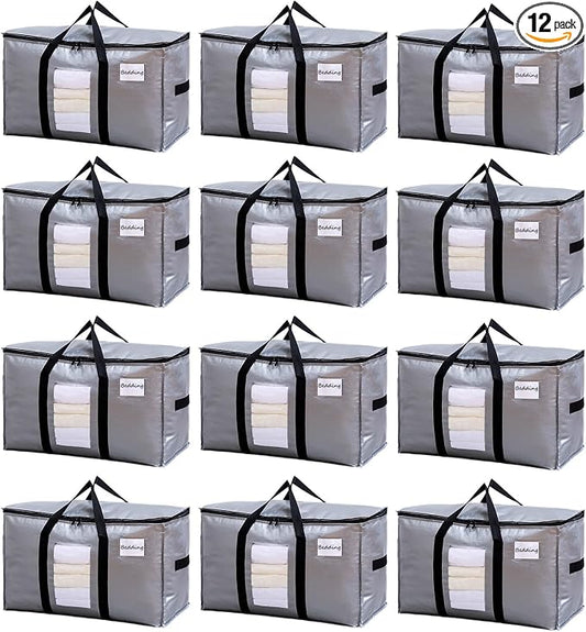 TAILI Extra Large Moving Bags, 12 Pack Silver Heavy Duty Totes For Storage with Visible Window, Wrap Around Handles, Storage Bags for Space Saving, Alternative to Moving Boxes by TAILI