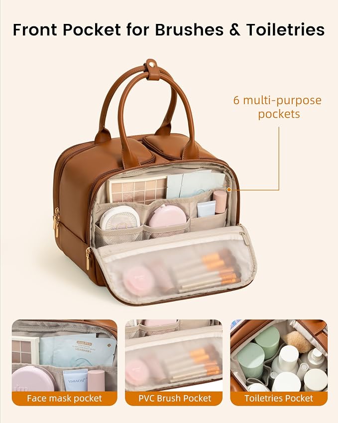 LOVEVOOK Travel Toiletry Bag for Women, Leather Large Wide-open Makeup Bag, Waterproof Cosmetic Bag Organizer for Shower, Traveling, Toiletries, Bathroom - Image 4