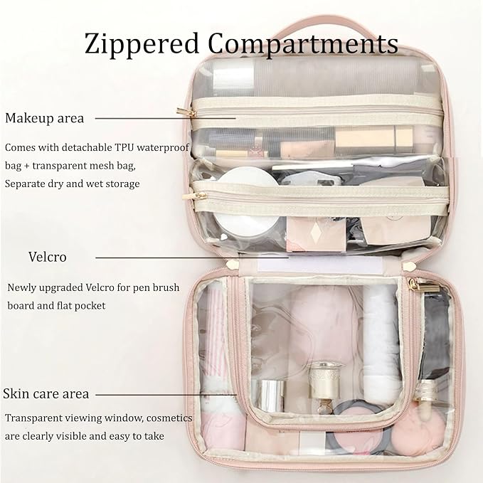 Multi-Compartment Toiletry Cosmetics Bag, Portable & Large Capacity Makeup Bag with Compartments, multi compartment toiletry Bag for Travel (Brown & Black) - Image 3