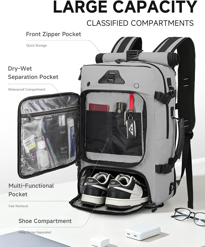 Travel Backpack for Men, 40L Carry on Backpack For Camping,Weekender Grey | Large Carry On, Convertible Duffle Bag, Shoe Compartment, Fits 16 Inch Laptop, Durable - Image 3