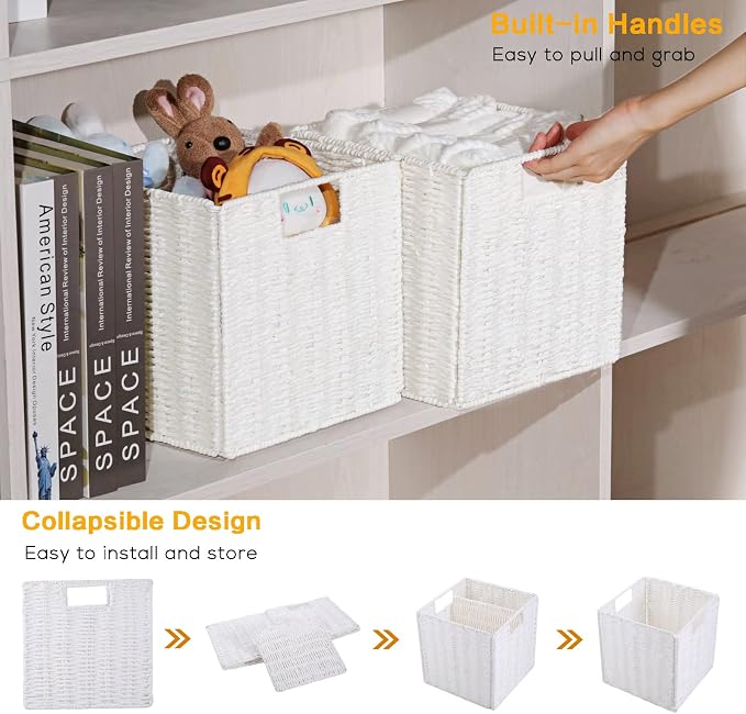 Vagusicc Wicker Storage Basket, Set of 2 Hand-Woven Wicker Baskets for Organizing, Foldable Cube Storage Basket Bins, 13 Inch Large Wicker Storage Baskets for Shelves & Decor, White (13''x13''x13'') - Image 4