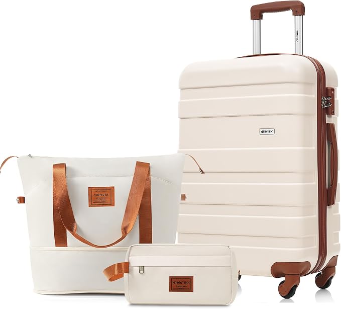 24 Inch Checked Suitcase with TSA Lock Travel Duffel Bag Wet-Dry Toiletry Bag, Ivory by Merax