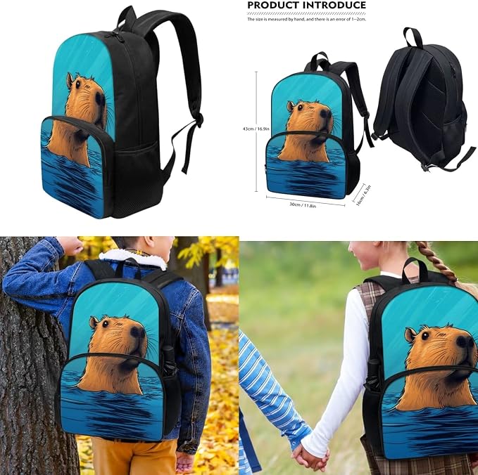 Cute Capybara Kids Backpack 3 Piece Set with Insulated Lunch Bag Pencil Case Lightweight Waterproof School Bag Back to School Supplies for Elementary Kindergarten Boys Girls, 17'' 25L - Image 3
