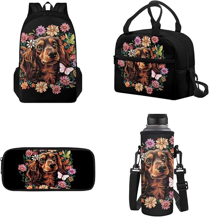 Kids School Backpack for Girls with Water Bottle Carrier Insulated Lunch Box Pencil Case for Kids, Dachshund Floral Kids School Bag Bookbag for Preschool Kindergarten Elementary by Tomeusey