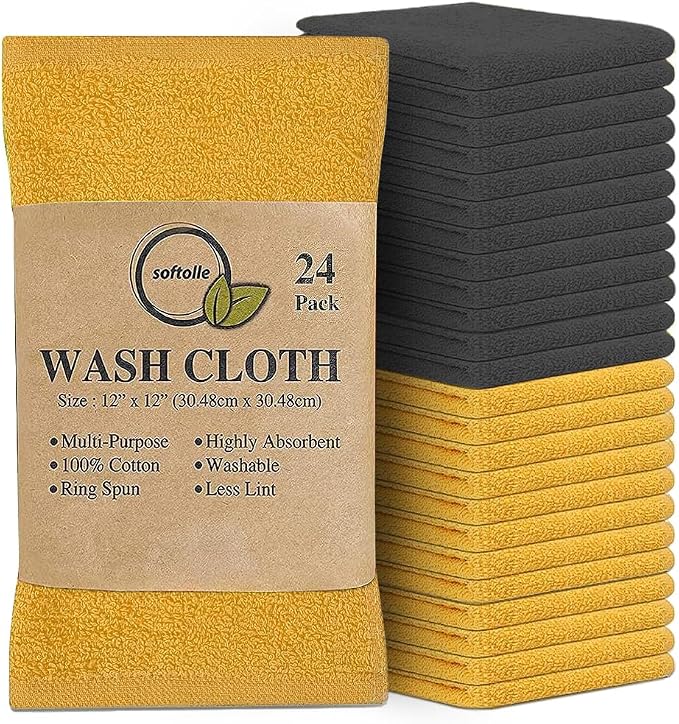 100% Cotton Washcloths 24 Pack (12x12 Inches) Soft, Highly Absorbent Washcloth, Face Towels, Wash Cloths for Face, Ring Spun, Bulk Pack (Yellow/Grey) by Softolle