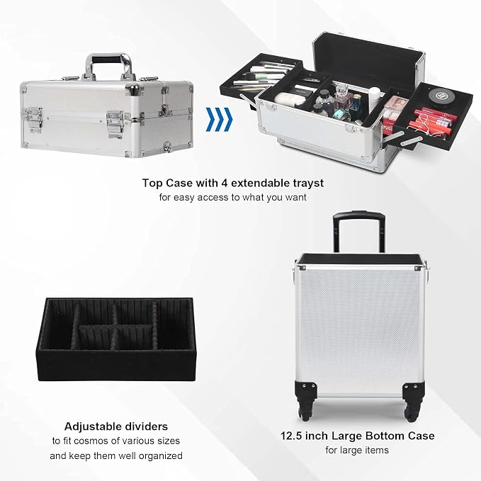 4 in 1 Rolling Makeup Train Case, Large Storage Cosmetic Trolley Makeup Travel Case with Key & Wheels Salon Barber Case Traveling Cart Trunk (SILVER) - Image 4