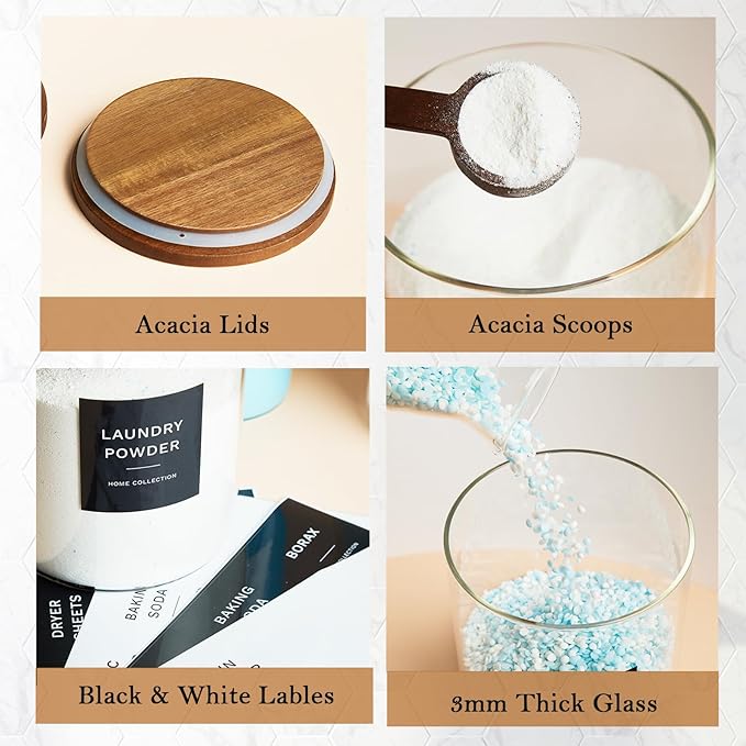Glass Laundry Storage Containers with Acacia Lids and Scoops, 2 Pack Laundry Room Organization Jars with Labels, Powder Detergent Organizer and Laundry Pod Holder, Glass Laundry Beads Canisters Set - Image 6