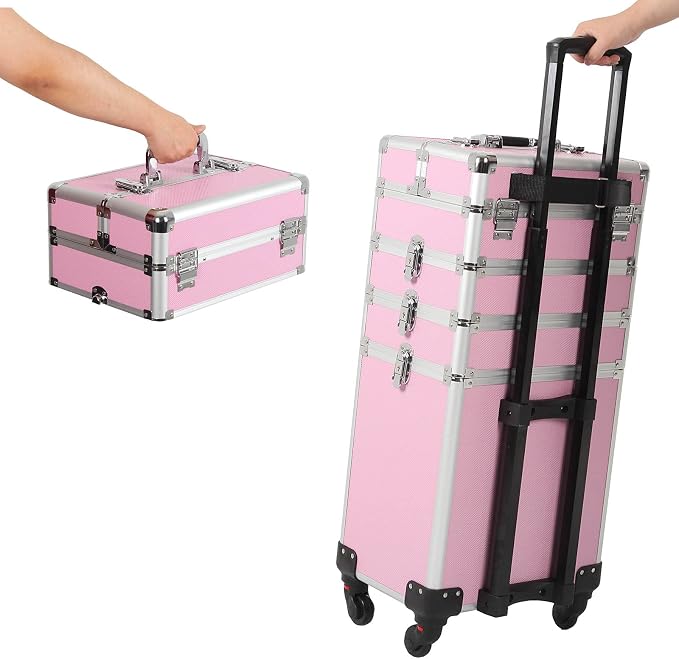 4 in 1 Rolling Makeup Train Case, Large Storage Cosmetic Trolley Makeup Travel Case with Key & Wheels Salon Barber Case Traveling Cart Trunk, Pink - Image 4