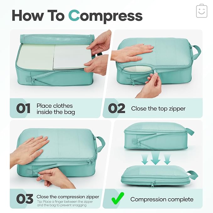 Veken 11 Set Compression Packing Cubes Garment Bags for Travel Essentials,Compressible Expandable Luggage Organizer Bags for Clothing,Space Saver Bags with Over 1000 pcs of Mesh Holes(Blue Green) - Image 3