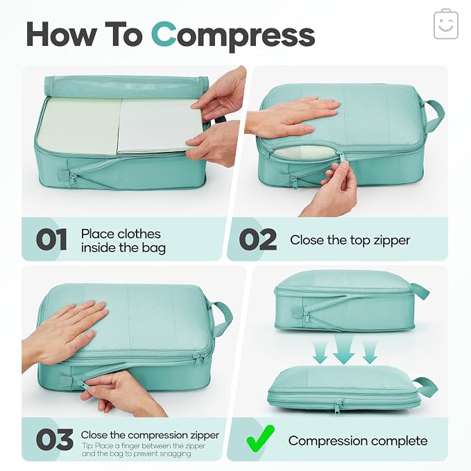 Veken 9/11 Set Compression Packing Cubes Garment Bags for Travel Essentials,Compressible Expandable Luggage Organizer Bags for Clothing,Space Saver Bags with Over 1000 pcs of Mesh Holes(Blue Green) - Image 3