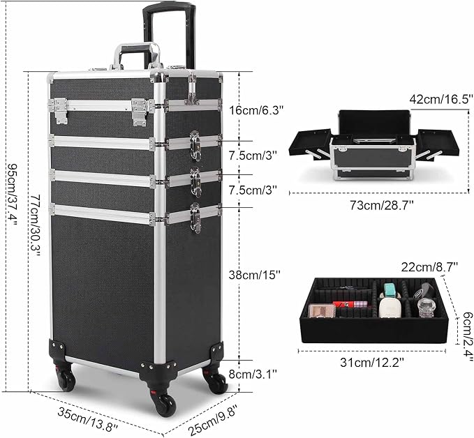 4 in 1 Rolling Makeup Train Case, Large Storage Cosmetic Trolley Makeup Travel Case with Key & Wheels Salon Barber Case Traveling Cart Trunk (Black) (0057) - Image 3