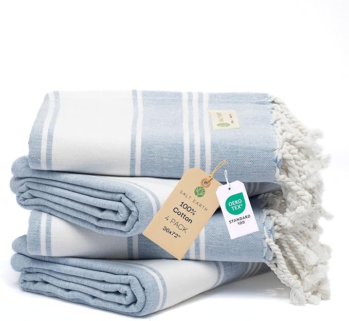 Salt Earth Cotton Turkish Beach Towel (Set of 4, 36"x72") - Soft, Quick Dry, Sand Resistant, Absorbent Towels for Bathroom, Home, Travel, Pool, Spa, Bath, Swim - Beach Towels Oversized (Sky Blue) by SaltEarth