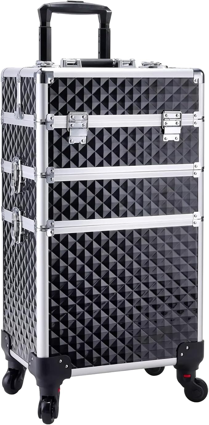 3 in 1 Professional Rolling Makeup Train Case Aluminum Trolley Case with 360° Rotation Wheels for Makuep Artist Cosmetic Suitcase Organizer with Lock and Key Diamond Pattern - Black by AdazzoRollingMakeupCase