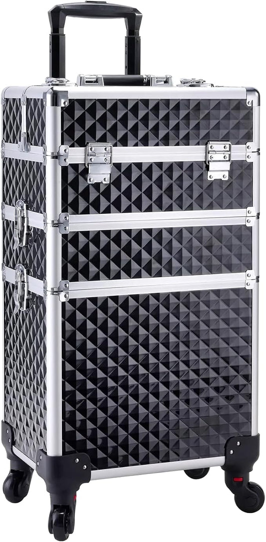 3 in 1 Professional Rolling Makeup Train Case Aluminum Trolley Case with 360° Rotation Wheels for Makuep Artist Cosmetic Suitcase Organizer with Lock and Key Diamond Pattern - Black by AdazzoRollingMakeupCase