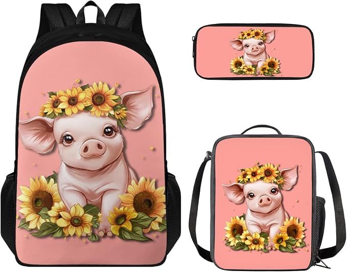 Coloranimal 3Pcs Sunflower Pig Backpack Set School Backpack for Middle Elementary Students School Bag with Small Insulated Lunch Bag Pencil Case by Coloranimal