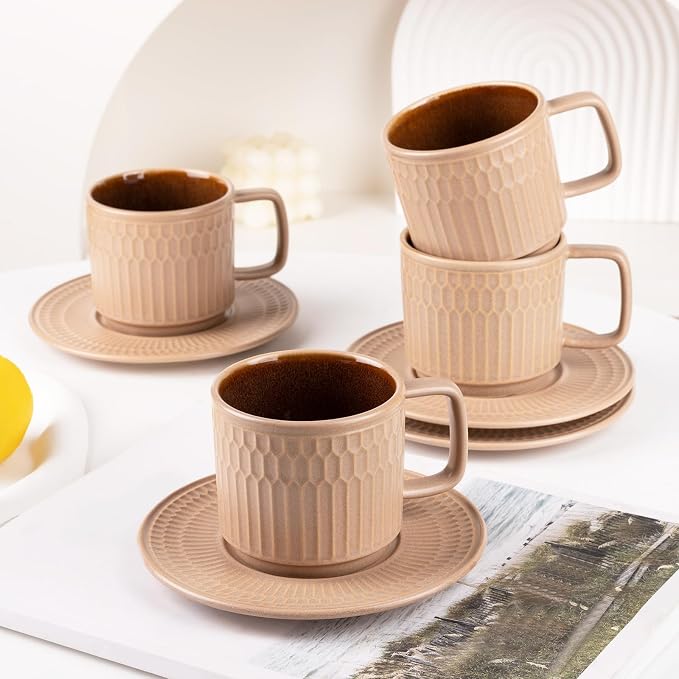8oz Cappuccino Cups with Saucers Set of 4, 8 Ounce Stackable Embossed Ceramic Coffee Mugs for Specialty Coffee Drinks, Latte Mugs, Cafe Mocha and Tea, Dishwasher & Microwave Safe (Brown) by WHITEPENOY