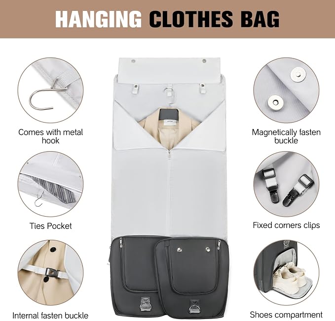 ACESAK Garment Bags for Travel, 2 in 1 Convertible Carry On Duffle Bag Suit Bags Foldable Backpacks with Shoe Compartment & Toiletry Bag, Hanging Bags for Clothes Dress Suit for Men Women Gift (Grey) - Image 3