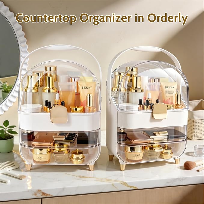 Makeup Organizer with Drawers-Cosmetic Display Case for Vanity-Skincare Organizer with 360 Rotating Brush Holder,Large Storage Box Dresser for Women Gifts, Bathroom Countertop,Gold - Image 7