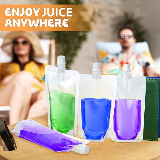 Patelai 150 Pieces Plastic Liquid Pouch Reusable Juice Pouches Travel Water Leak Proof Bags Bulk with Collapsible Silicone Funnel for Travel Outdoor (16 oz) - Image 5