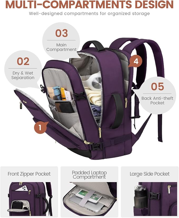LOVEVOOK Carry On Travel Backpack For Women Flight Approved, 50L Large Personal Item Backpack Travel Bag for Airplanes, Business 18 Inch Laptop Backpack, Weekender Overnight Daypack, With 3 Cubes - Image 4