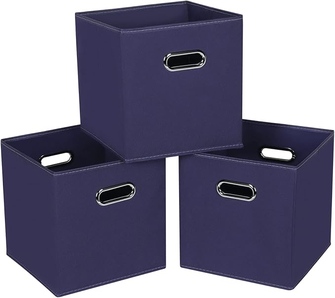 Fabric Cloth Storage Bins,Fabric Cube Bins Organizer with Dual Handles Foldable Cube Storage Baskets for Home Bedroom Storage,Set of 3,(Navy Blue) by SEVENDOME