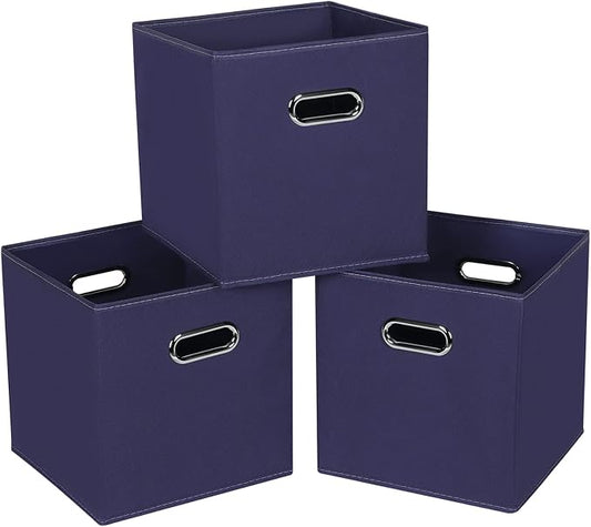 Fabric Cloth Storage Bins,Fabric Cube Bins Organizer with Dual Handles Foldable Cube Storage Baskets for Home Bedroom Storage,Set of 3,(Navy Blue) by SEVENDOME