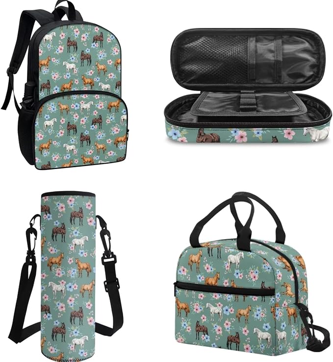 POLERO Girls Horse Backpacks Floral School Bags Set with Lunch Box Preschool Kindergarten Bookbag Set 4 Pack - Image 2