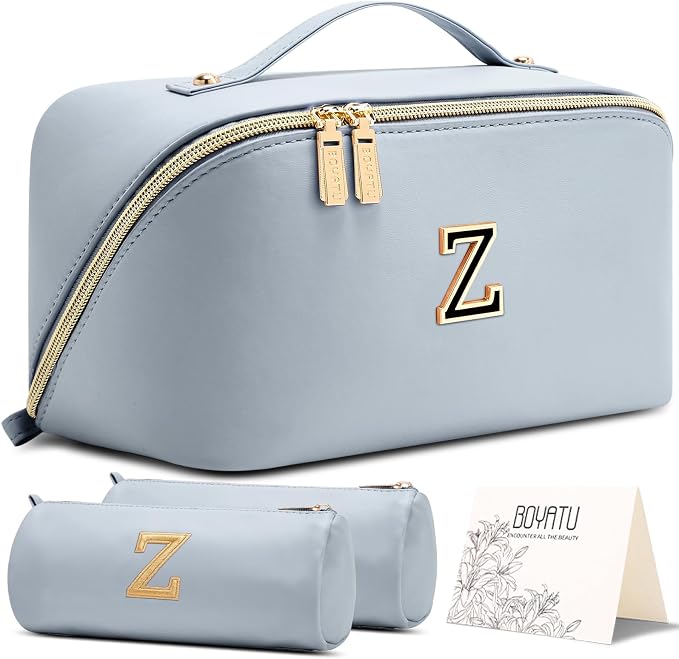 BOYATU Personalized Travel Makeup Bag: 3-in-1 Cosmetic Bag Gift for Women | Initial Make up Bag Organizer - Custom Letters A-Z - Flat Open Portable Toiletry Bag for Birthday Graduation Anniversary by BOYATU