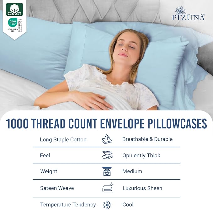 Pizuna 100% Cotton Pillow Cases King Size Set of 2 Luxury 1000 Thread Count Sateen Weave Long Staple Cotton Hotel Quality Envelope Closure Pillow Covers Fits King Pillows - Baby Blue - Image 2