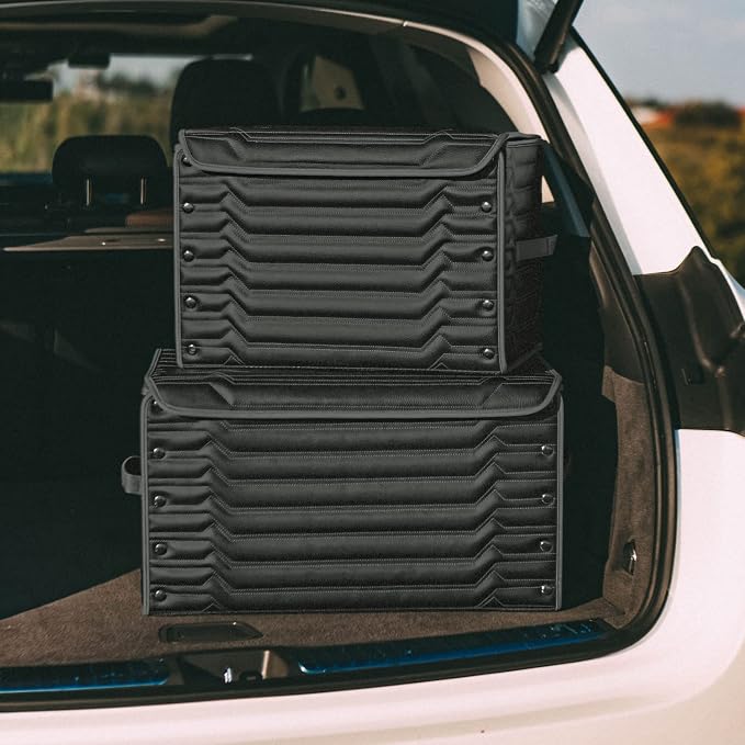 Owleys Car Caddy Organizer Set - 17.7" + 21.6" SUV Trunk Organizer Bundle For Road Trips, Groceries & Tools - Foldable Crates With Magnetic Lids - Stylish Gift For Men - Black Highway - Image 5