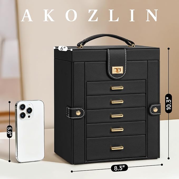 AKOZLIN 6-Tier Jewelry Box Organizer Functional 5 Drawers Leather Jewelry Storage Case for Women Girls Ring Necklace Earring Bracelet Holder Organizer with Mirror Black Regular - Image 2