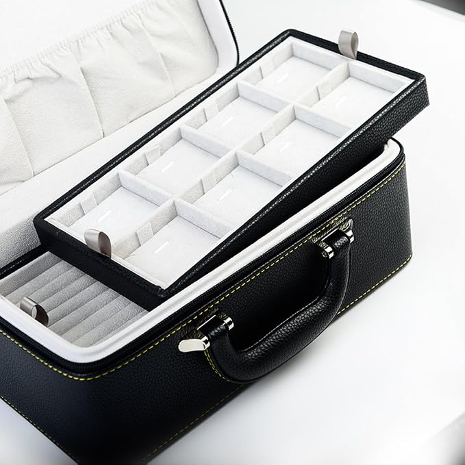 Oirlv Black Leather Jewelry Box Handmade Travel Jewelry Organizer Storage Case Holder For Girl Lady Earring,Ring,Necklace,Pendant,Watch,Bracelet.(3 layers) - Image 3