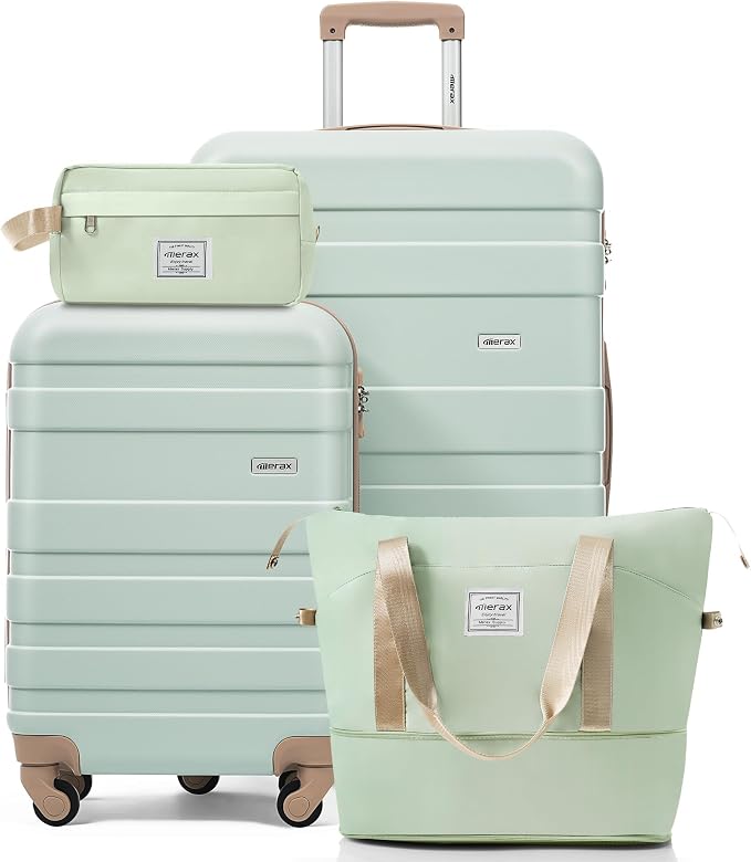 4-Piece Luggage Set, Suitcase with TSA Lock Travel Duffel Bag Wet-Dry Toiletry Bag, Green by Merax