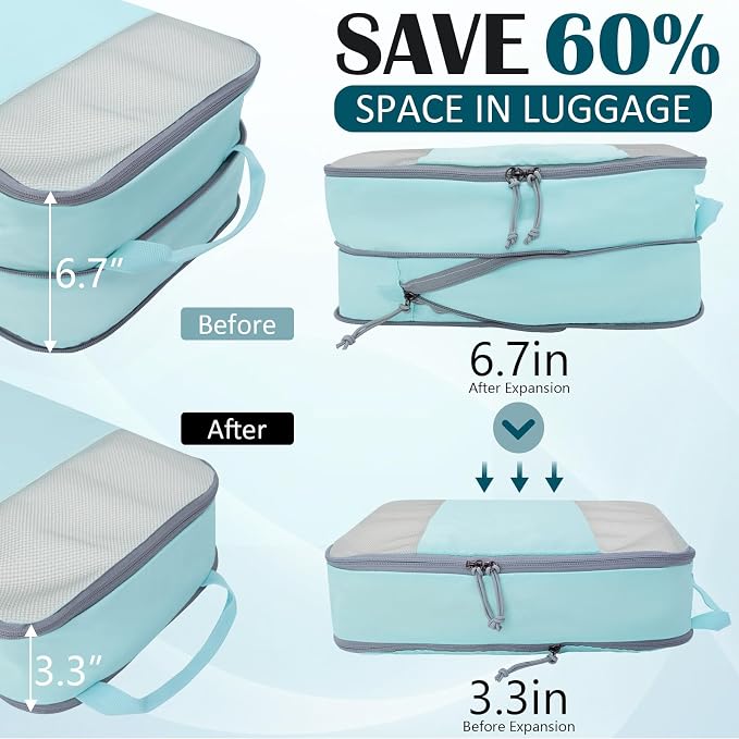 Extra Large Compression Packing Cubes, 2 Set Compression bags for Travel Packing Organizer, Expandable Compression Cubes for Travel, Blue Mesh - Image 2