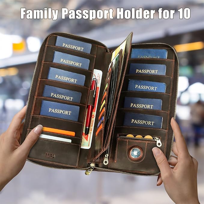 CONTACTS Family Passport Holder for 10 Full Grain Leather Compatible with Airtag Passport Holder for Family Travel Document Organizer Multiple Rfid Blocking Passport Wallet - Image 2