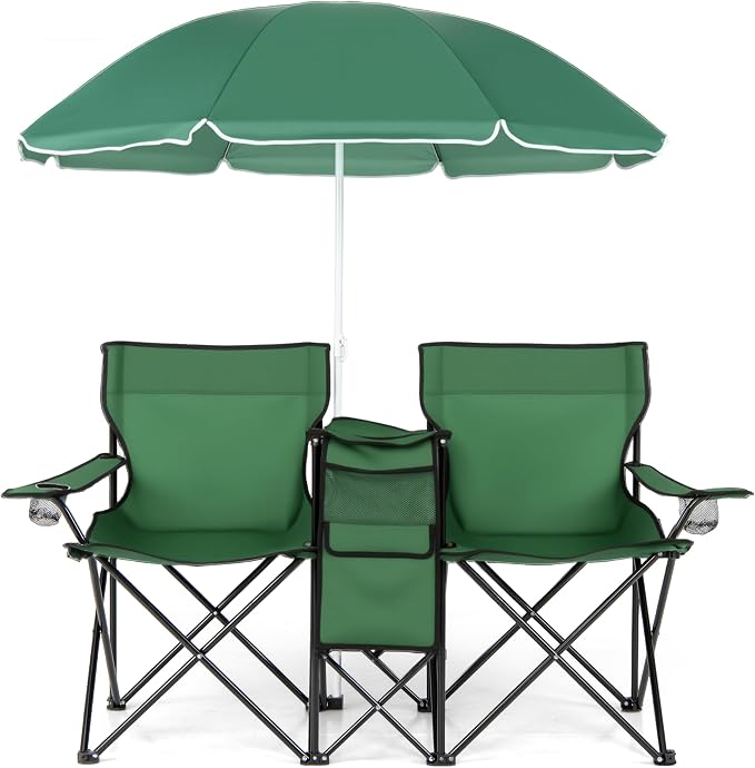 Goplus Double Camping Chair with Umbrella, Folding Loveseat Chairs w/Canopy Shade, Carrying Bag, Table, Cup Holder, Portable Beach Chairs Outdoor Picnic Patio (Green) by Goplus