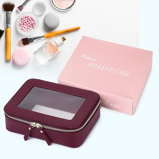 Pinkmik Clear Makeup Bag for Women Waterproof Travel Cosmetics and Toiletries Case Portable Makeup Oaganizer Bag Clear Car Bag with Zipper (X/Burgundy, M) - Image 7